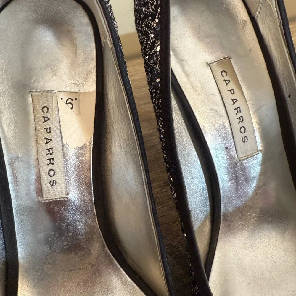 Caparros Peep Toe Formal Platform High Heels Shoes Silver Black Sparkle Size 6
